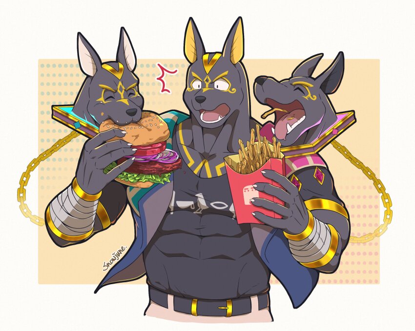1boy, animal_ears, anuberus_(xxl), artist_name, bara, black_shirt, burger, chain, claws, closed_eyes, commentary, english_commentary, fangs, floating_head, food, french_fries, furry, furry_male, hieroglyphics, highres, holding, holding_food, jackal_boy, jackal_ears, male_focus, multiple_heads, muscular, muscular_male, open_mouth, pants, shirt, snowjune, surprised, vest, white_pants, xxl_woofia