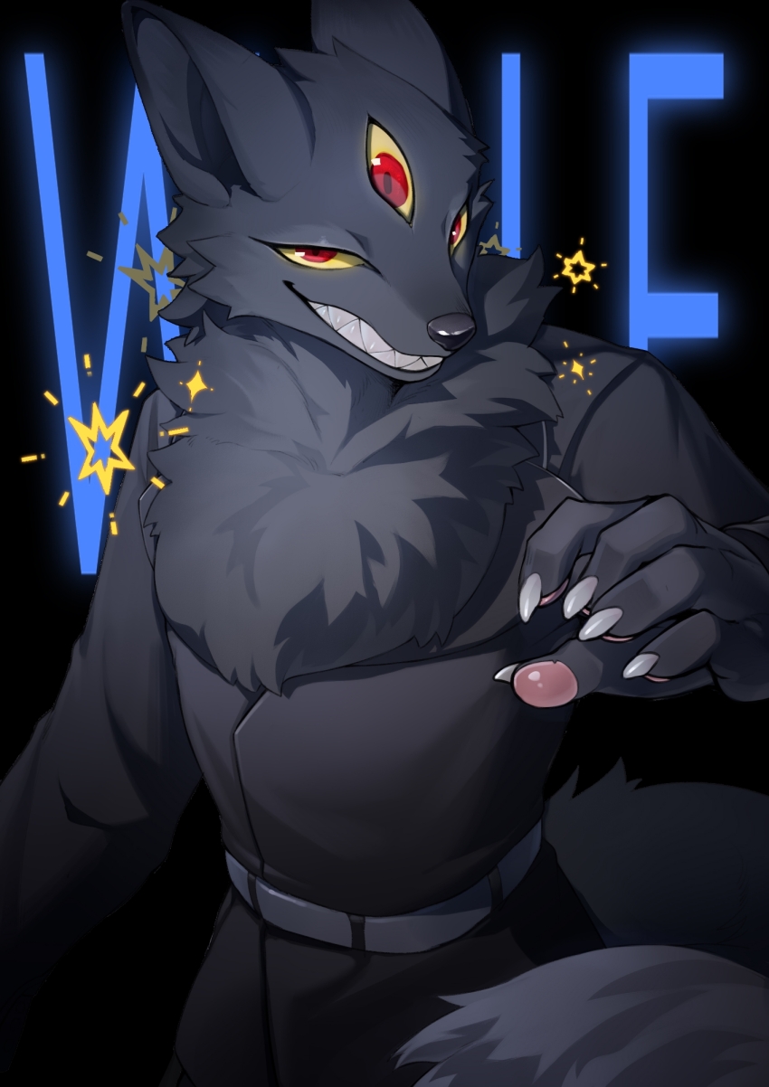 1boy, animal_ears, arknights, black_background, black_suit, chinese_commentary, claws, colored_sclera, commentary_request, english_text, extra_eyes, formal_clothes, furry, furry_male, grin, highres, looking_at_viewer, male_focus, pawpads, red_eyes, smile, sssshark_1, star_(symbol), suit, tail, wolf_boy, wolf_ears, wolf_tail, wolff_(arknights), yellow_sclera