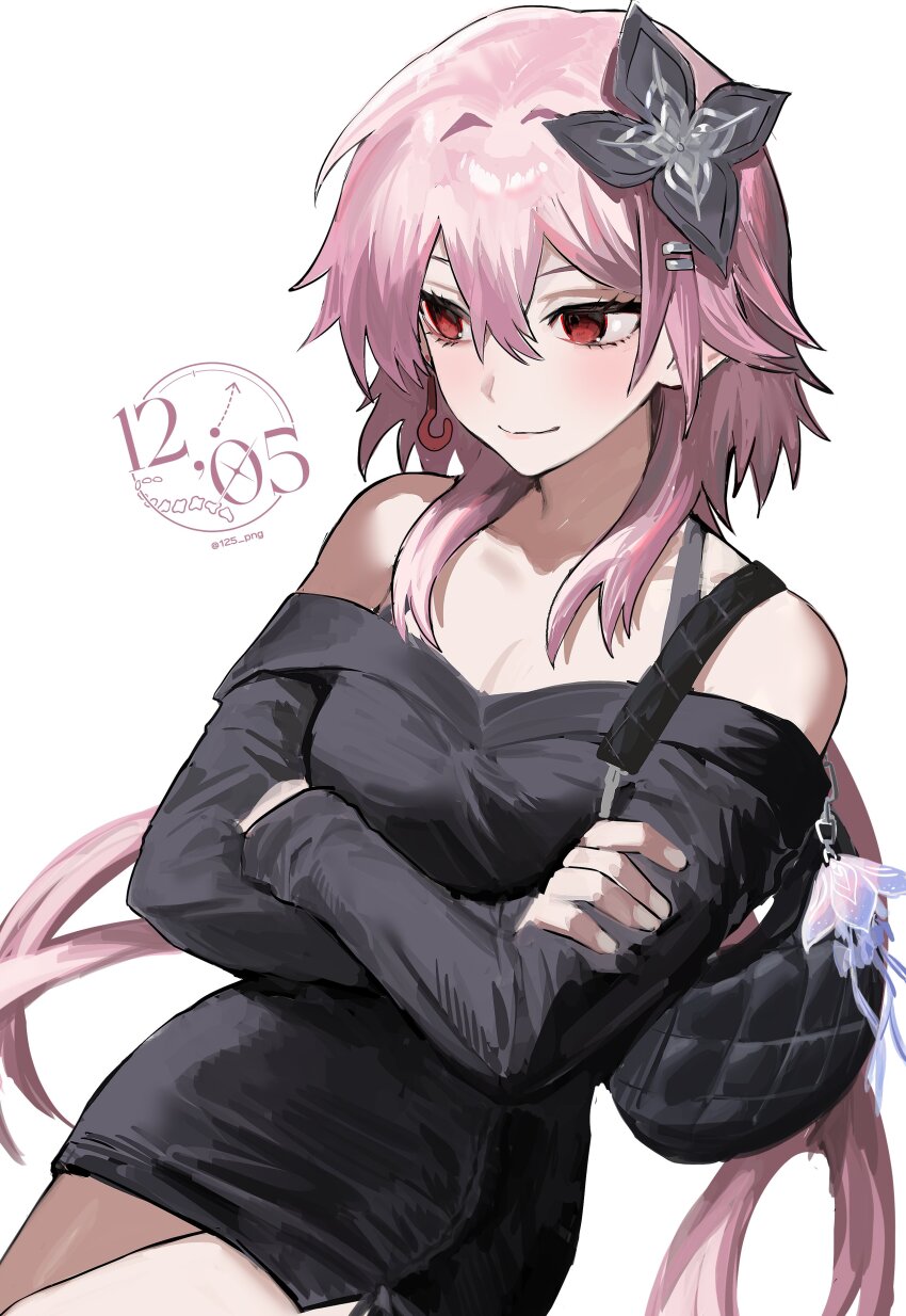 1girl, absurdres, alternate_costume, bag, bare_shoulders, black_dress, breasts, cleavage