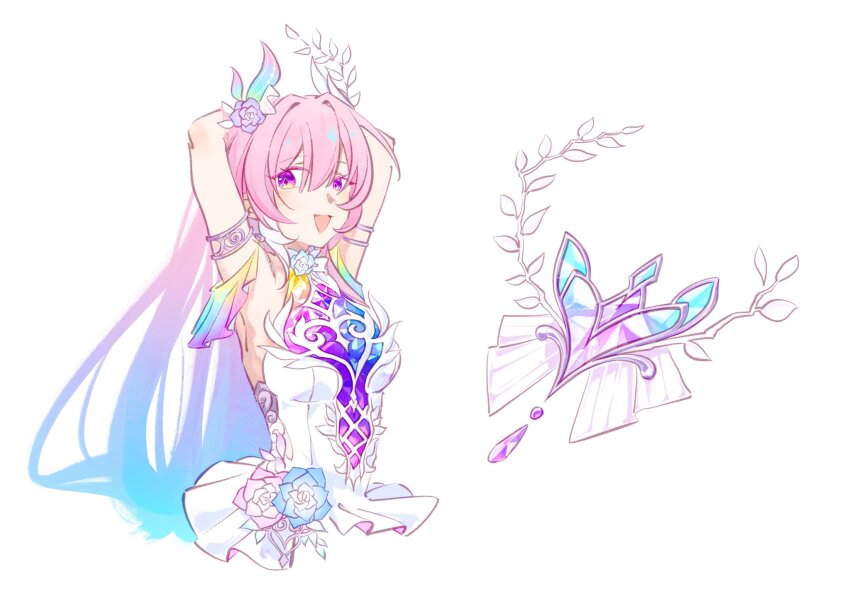 1girl, aqua_hair, areiaqaq, armpits, arms_up, breasts, commentary_request, cropped_legs, cyrene_(honkai:_star_rail), cyrene_(demiurge)_(honkai:_star_rail), diamond-shaped_pupils, diamond_(shape), dress, gradient_hair, highres, honkai:_star_rail, honkai_(series), large_breasts, long_hair, looking_at_viewer, multicolored_hair, open_mouth, pink_hair, purple_eyes, simple_background, solo, symbol-shaped_pupils, very_long_hair, white_background, white_dress, white_hair