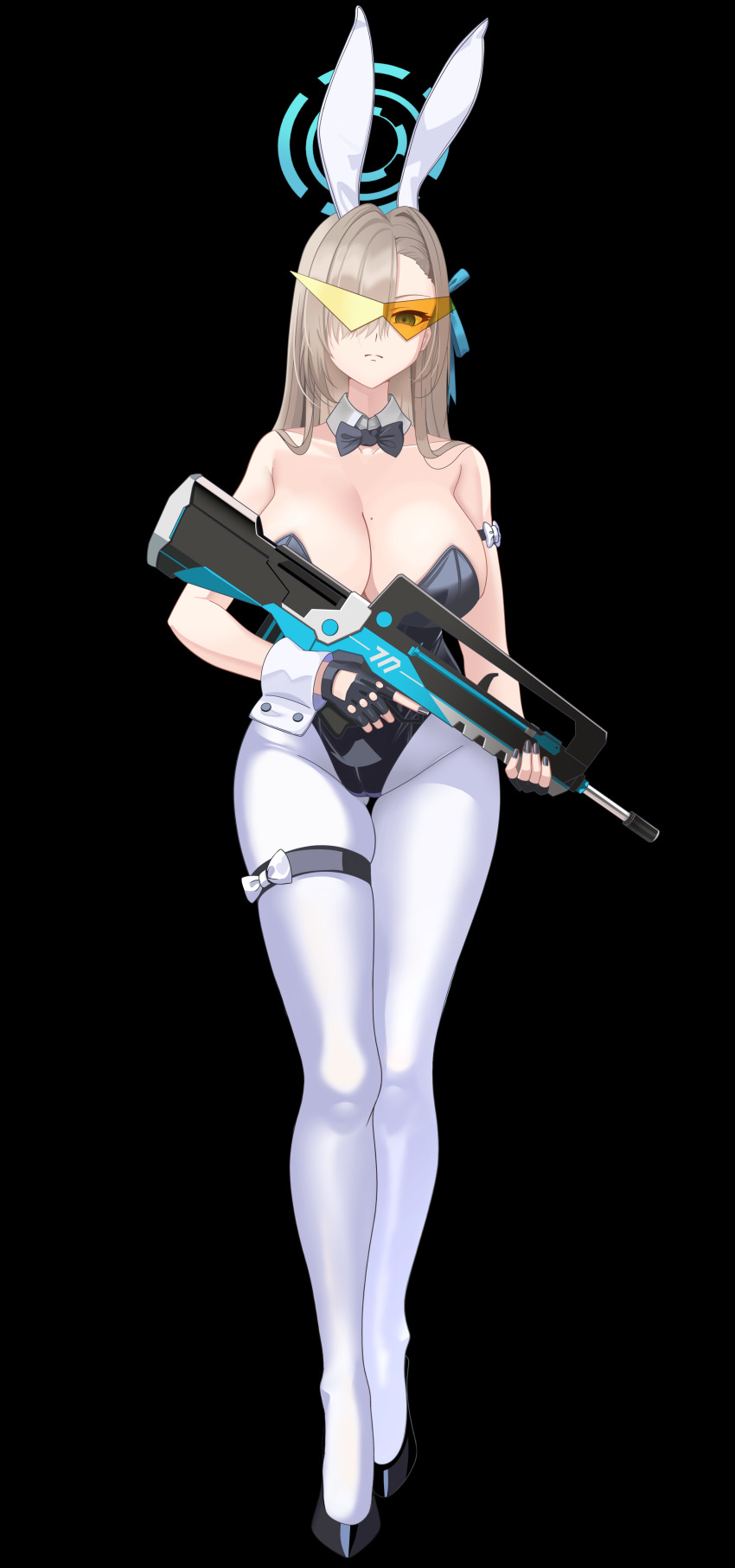1girl, absurdres, alternate_color, animal_ears, assault_rifle, asuna_(blue_archive), asymmetrical_bangs, blonde_hair