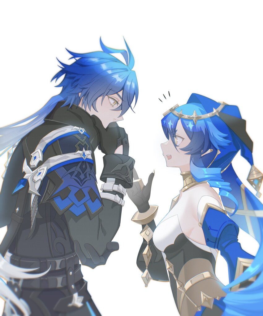 1boy, 1girl, antenna_hair, arm_at_side, big_itachi, blue_hair, breasts, coat