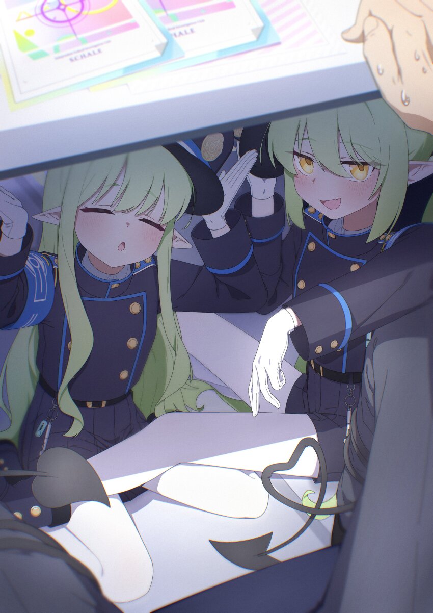 1boy, 2girls, absurdres, arm_rest, armband, belt, black_belt, black_hat, black_jacket, black_shorts, black_skirt, blue_archive, blue_armband, blush, buttons, chestnut_mouth, closed_eyes, commentary, demon_tail, desk, fang, flat_chest, fuhao10708, gloves, green_hair, hair_between_eyes, hands_up, hat, heart, highres, hikari_(blue_archive), jacket, jitome, long_hair, long_sleeves, looking_at_viewer, multiple_girls, nozomi_(blue_archive), on_floor, pantyhose, pleated_skirt, pointy_ears, pov, sensei_(blue_archive), shorts, siblings, sidelocks, sisters, sitting, skin_fang, skirt, smile, sweat, tail, under_table, whistle, white_gloves, white_pantyhose, yellow_eyes