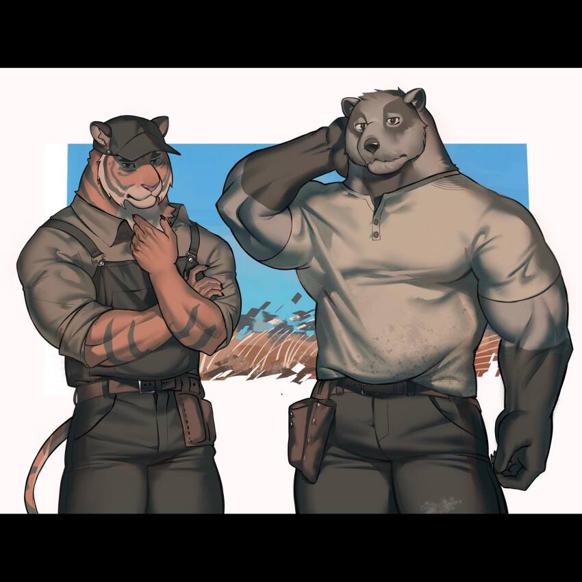 2boys, animal_ears, badger_boy, badger_ears, black_hat, black_pants, box_adonis, claws