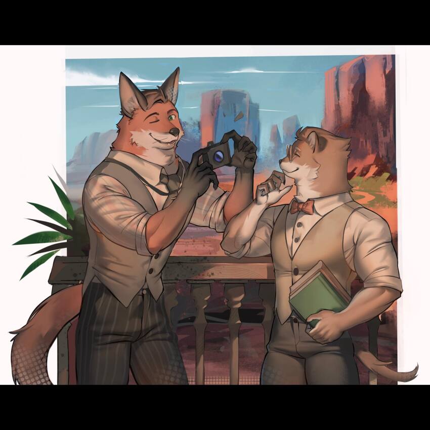 2boys, animal_ears, bow, bowtie, box_adonis, brown_vest, camera, clifford_tibbits_(the_smoke_room)