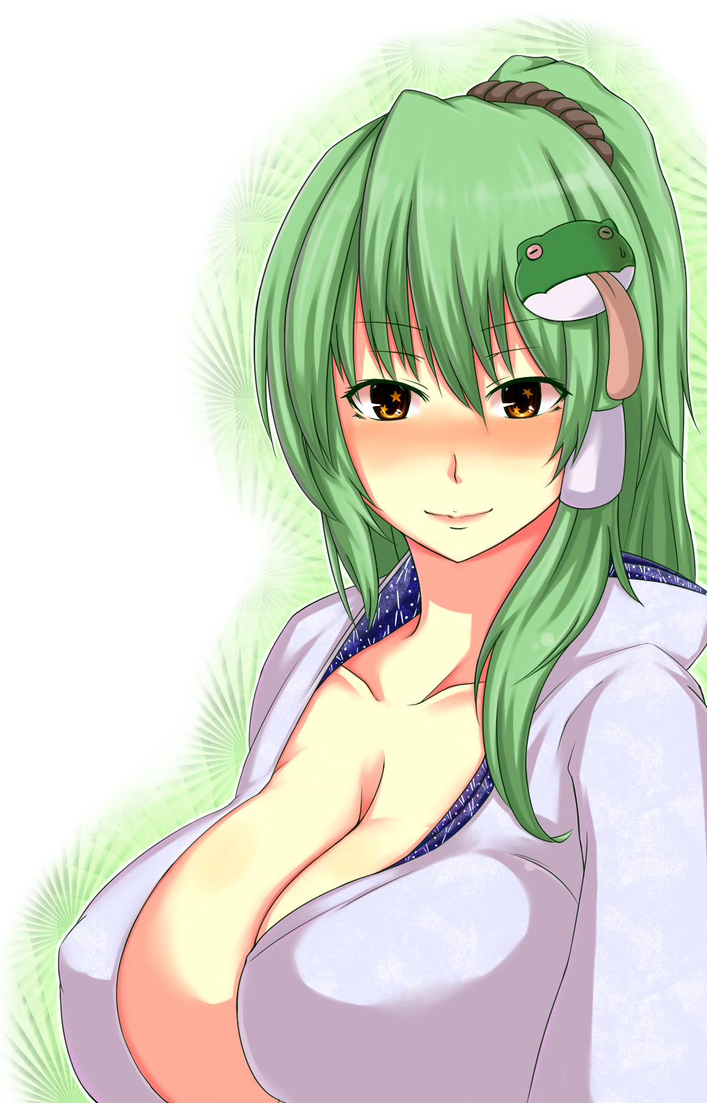 1girl, bad_id, bad_pixiv_id, blush, breasts, cleavage, female_focus, green_hair