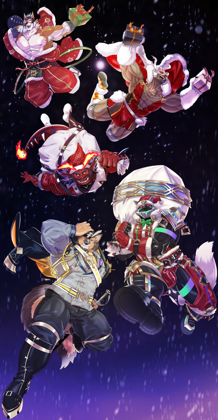 5boys, abs, animal_ears, astar_(live_a_hero), bara, biceps, black_boots, black_gloves