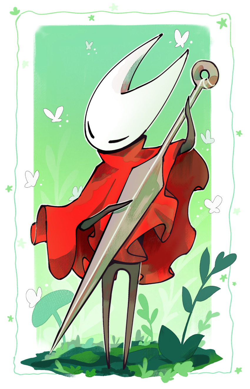 1girl, arthropod_girl, black_skin, cloak, colored_skin, commentary, english_commentary, highres, hollow_eyes, hollow_knight, hollow_knight:_silksong, horned_mask, hornet_(hollow_knight), ibispaint_(medium), instrument, mask, miikrowelle, music, needle_(hollow_knight), playing_instrument, red_cloak, solo, white_mask