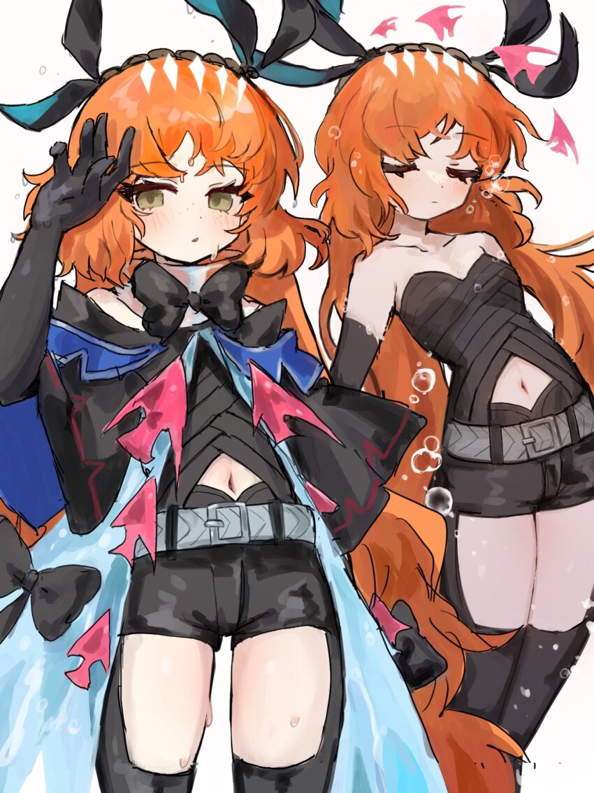 1girl, arknights, bare_shoulders, black_bow, black_bowtie, black_capelet, black_gloves, black_pants