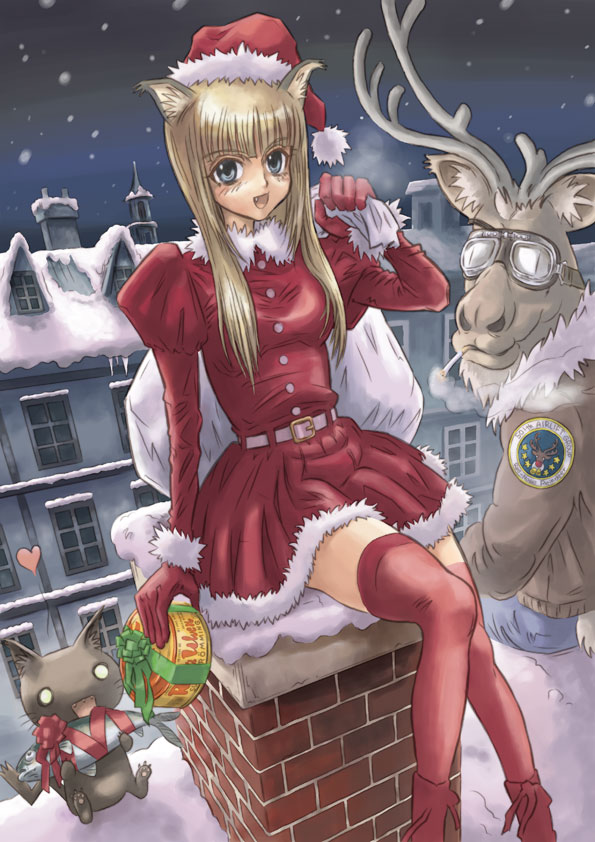 1girl, animal_ears, blonde_hair, blue_eyes, cat_ears, chimney, christmas, female_focus