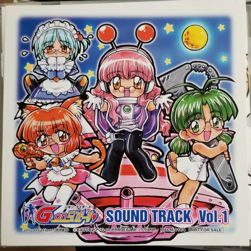 4girls, ai_(g-on_riders), alien, animal_ear_fluff, animal_ears, antenna_hair, antennae, apron, artist_name, bell, black_pantyhose, blue_dress, blue_hair, blush, brooch, cannon, cat_ears, cat_girl, cat_tail, chibi, chibi_only, cloak, commentary, copyright_name, copyright_notice, covering_own_mouth, cube_hair_ornament, dress, energy_gun, fake_antennae, fang, frilled_dress, frills, g-on_riders, glasses, gloves, green_eyes, green_hair, gun, hair_ornament, handgun, hands_up, headphones, highres, holding, holding_gun, holding_weapon, holding_wrench, jetpack, jewelry, juliet_sleeves, kokomahi, leg_up, long_hair, long_sleeves, low_twintails, maid, maid_apron, maid_headdress, mako_(g-on_riders), medium_hair, mini_eyewear, moon, multiple_girls, not_for_sale, official_art, one_side_up, open_hands, open_mouth, orange_eyes, orange_hair, oversized_object, pantyhose, pao_(g-on_riders), pink_hair, pink_skirt, pouch, puffy_sleeves, purple_cloak, round_eyewear, sandals, short_dress, short_hair, short_twintails, shy, skirt, smile, spacecraft, standing, star_(symbol), tail, thigh_pouch, thigh_strap, thighhighs, traditional_media, twintails, veil, very_long_hair, weapon, white_apron, white_dress, white_gloves, white_thighhighs, white_veil, wrench, yellow_eyes, zero_(g-on_riders)