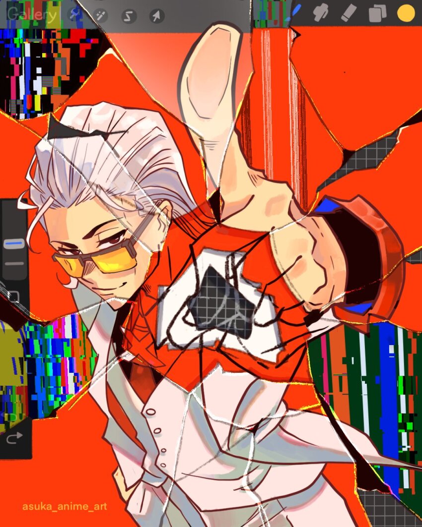 1boy, art_program_in_frame, asuka_young, black_shirt, broken_glass, brown_eyes, coat, cowboy_shot