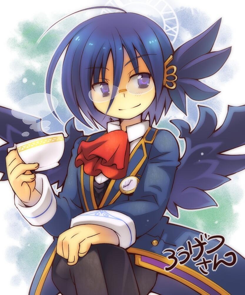 1boy, ahoge, ascot, black_pants, black_shirt, black_wings, blue_hair, blue_jacket