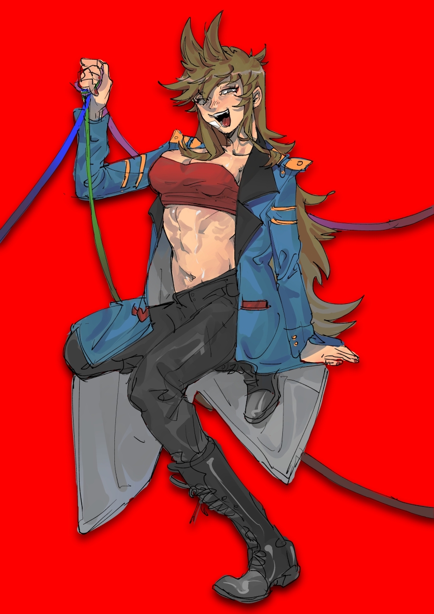 1girl, :d, abs, absurdres, arm_support, black_pants, blue_coat, boots, bra, breasts, brown_hair, chinese_commentary, cleavage, coat, collarbone, commentary_request, double-parted_bangs, eddsworld, full_body, red_leader_(eddsworld), grey_eyes, hair_between_eyes, hair_horns, hair_over_shoulder, hand_up, highres, invisible_chair, knee_boots, kuangzihaixing, lace-up_boots, long_hair, long_sleeves, looking_at_viewer, nail_polish, navel, open_clothes, open_coat, open_mouth, pants, ponytail, red_background, red_bra, red_nails, short_ponytail, sidelocks, simple_background, sitting, small_breasts, smile, solo, stomach, swept_bangs, teeth, tongue, tord_(eddsworld), tori_(eddsworld), underwear, very_long_hair