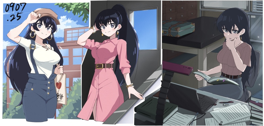 absurdres, adjusting_clothes, adjusting_headwear, arato_nagi, bag, belt, black_belt, black_eyes