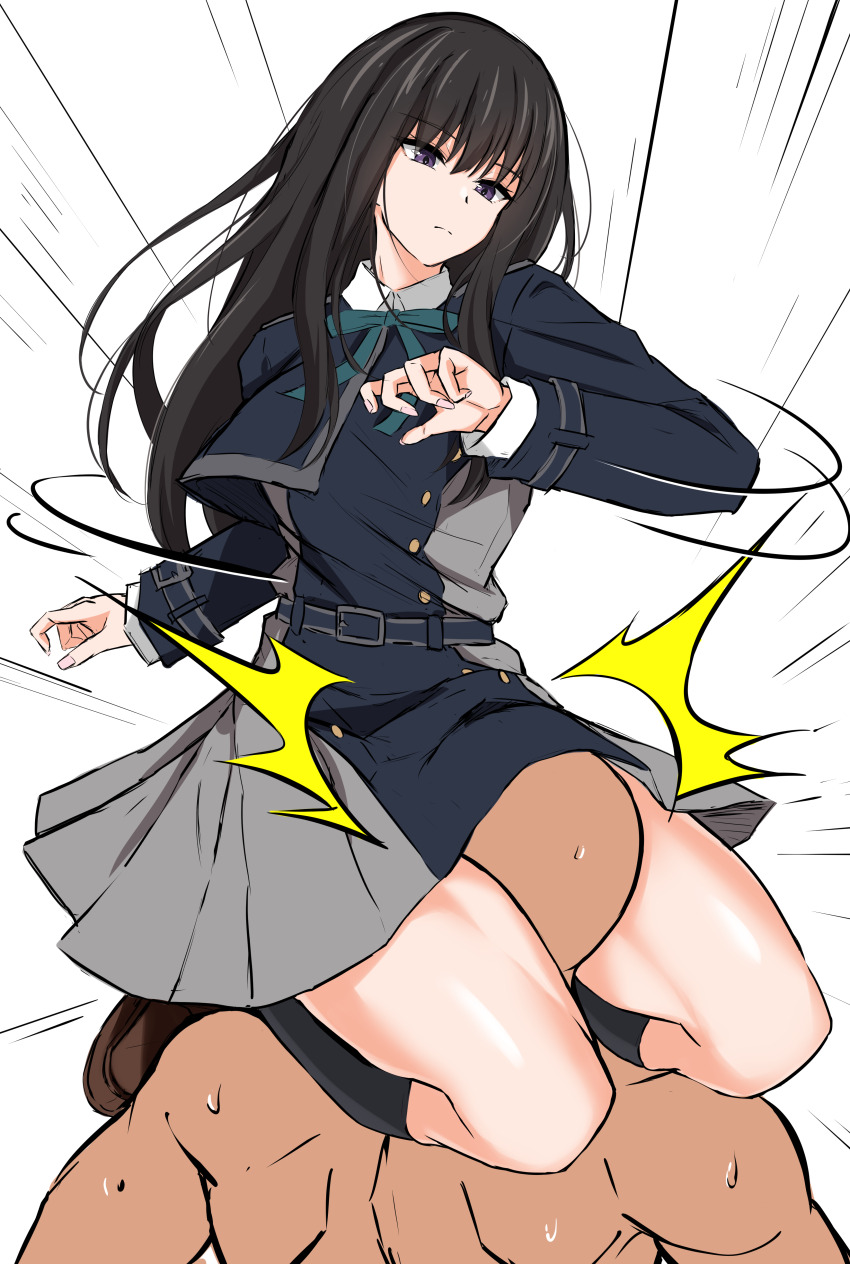 1boy, 1girl, absurdres, bald, belt, black_hair, breasts, closed_mouth