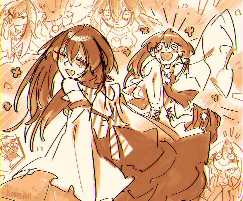 1girl, amo_empool, bare_shoulders, blush_stickers, boots, brown_theme, detached_sleeves, dress, gachiakuta, horizontal_pupils, long_sleeves, multiple_views, noree, open_clothes, open_dress, open_mouth, sketch, smile