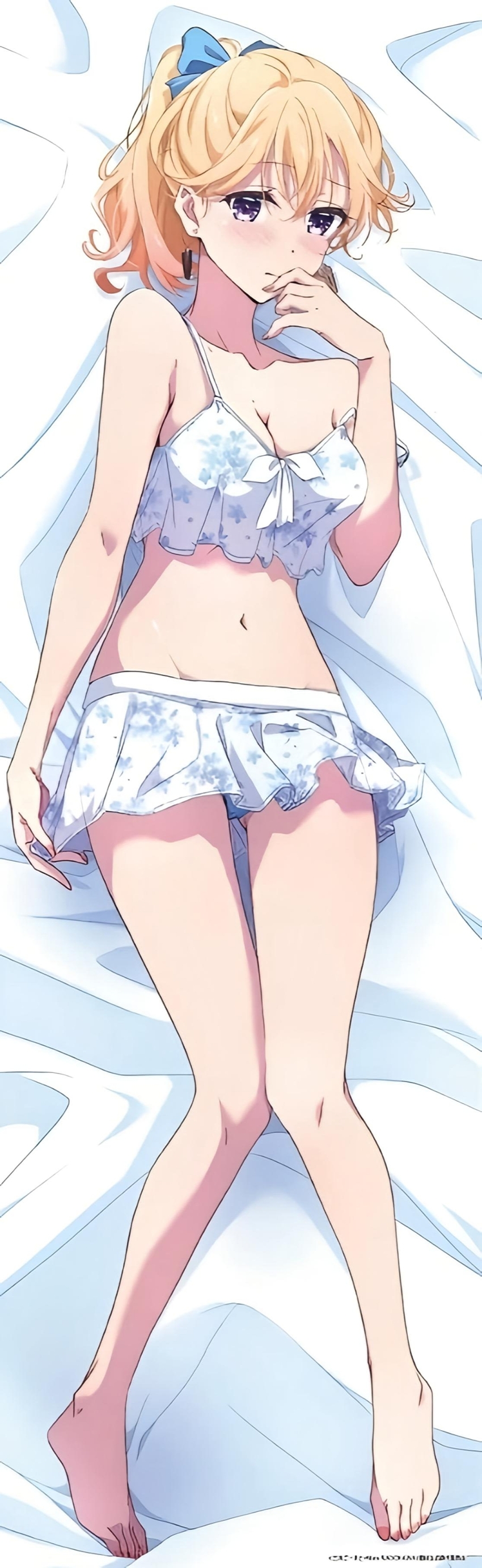 1girl, absurdres, ayase_saki, bare_legs, bare_shoulders, barefoot, bed_sheet, bikini, bikini_skirt, blonde_hair, blue_bikini, blue_bow, blush, bow, breasts, chest_ribbon, cleavage, closed_mouth, collarbone, dakimakura_(medium), dot_nose, earrings, embarrassed, feet, female_focus, full_body, gimai_seikatsu, hair_bow, highres, jewelry, legs, long_hair, long_image, looking_at_viewer, lying, medium_breasts, midriff, miniskirt, navel, official_art, on_back, ponytail, purple_eyes, ribbon, sexually_suggestive, skirt, solo, stomach, strap_slip, swimsuit, thighs, toes, white_bikini, white_ribbon, white_skirt