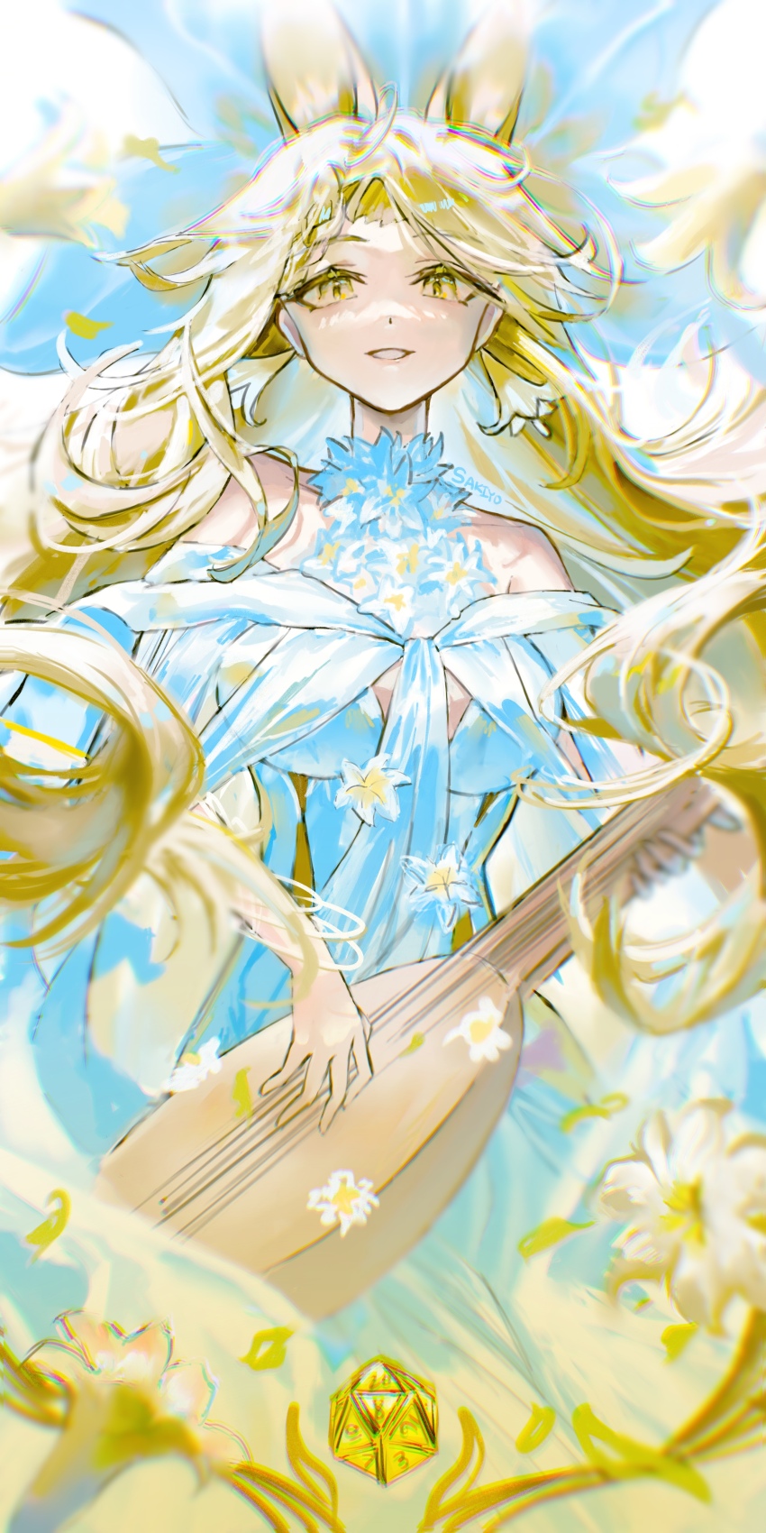 1girl, absurdres, animal_ears, arknights, armpit_crease, artist_name, bard, bare_shoulders