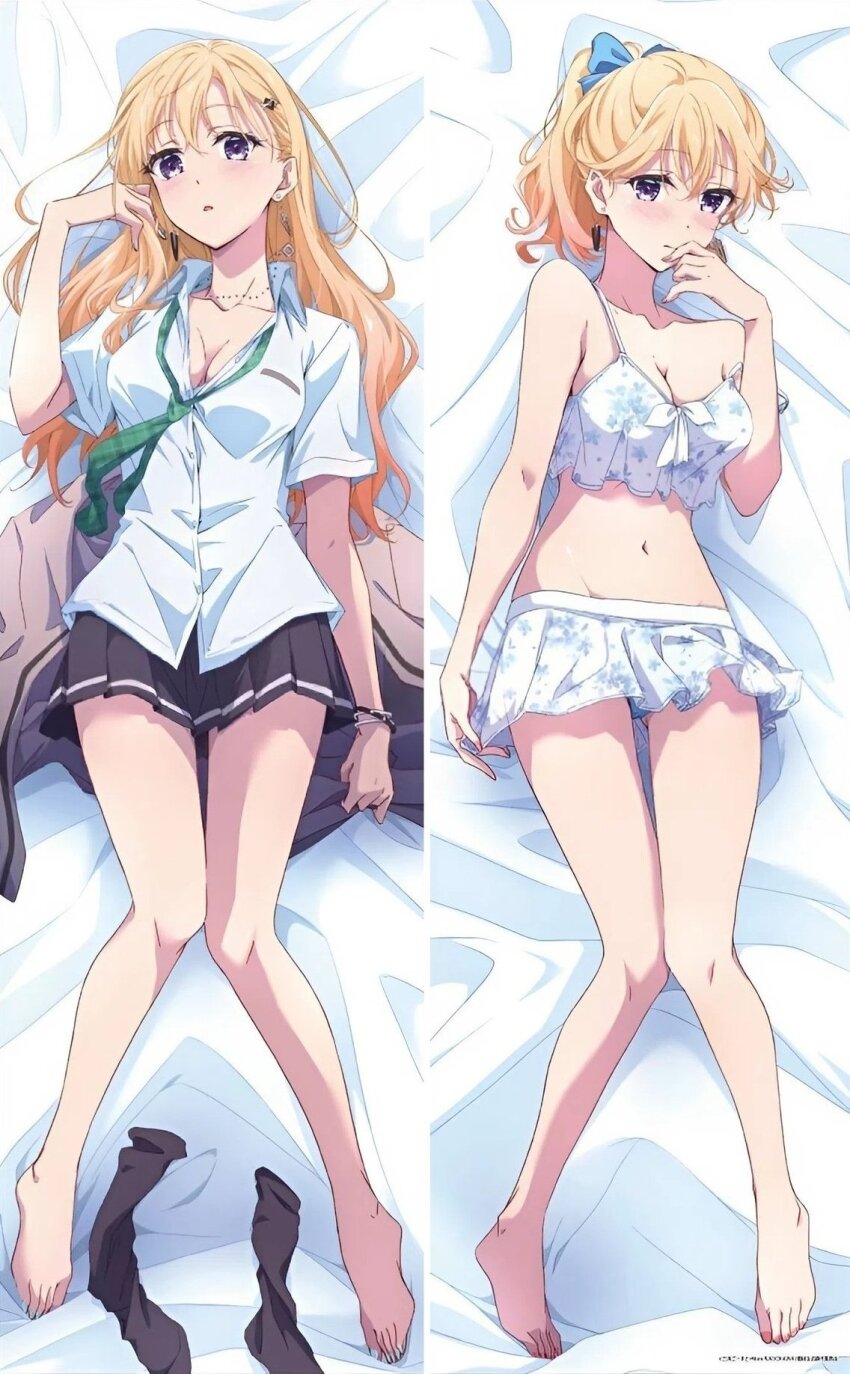 1girl, ayase_saki, bare_legs, bare_shoulders, bed_sheet, bikini, bikini_skirt, black_skirt