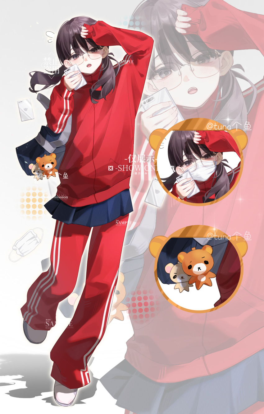 absurdres, brown_hair, chinese_school_uniform, full_body, glasses, highres, low_ponytail, original