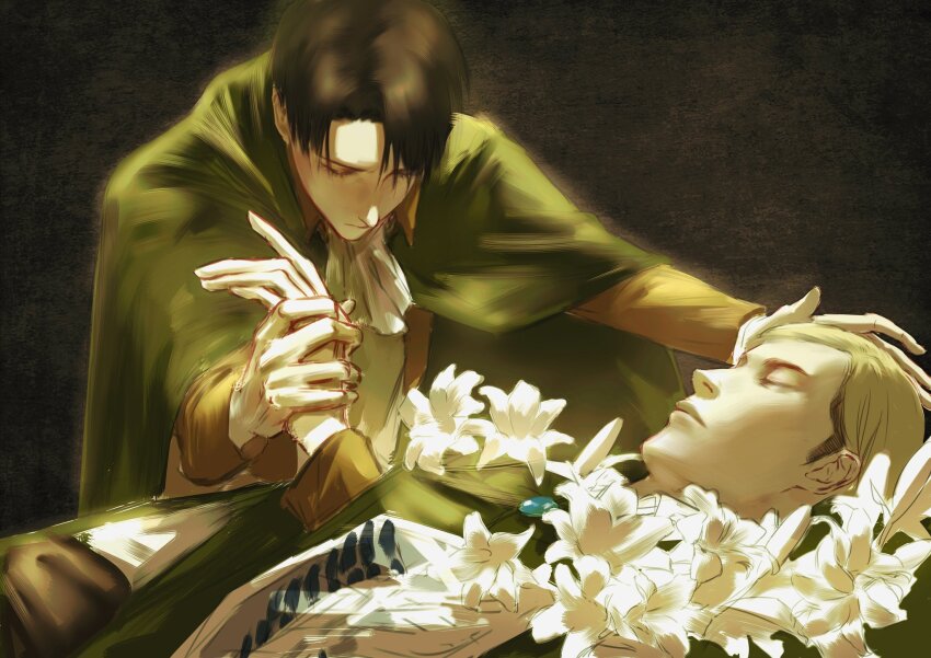 2boys, ascot, black_background, black_hair, blonde_hair, brown_jacket, cloak, closed_eyes