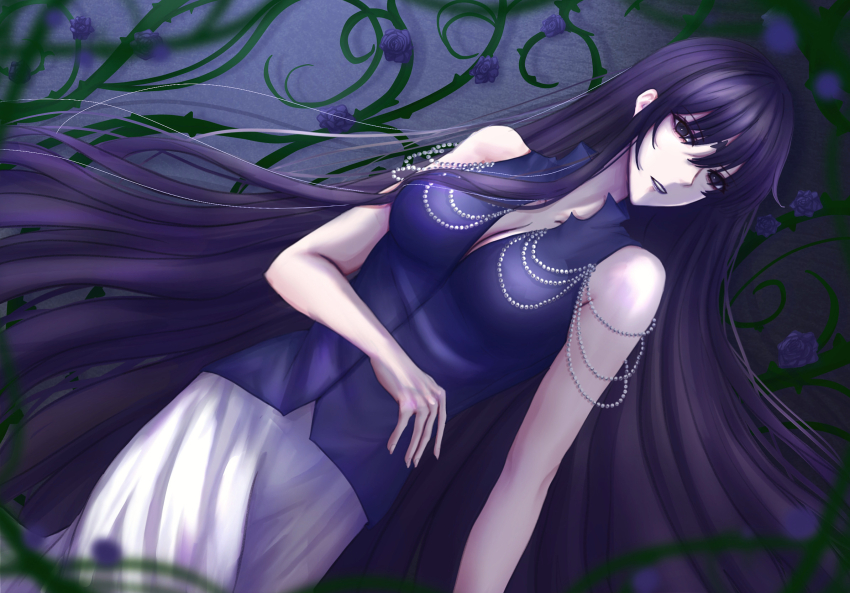 bishoujo_senshi_sailor_moon, bishoujo_senshi_sailor_moon_s, black_hair, black_vest, breasts, cleavage, crescent, crescent_facial_mark, earrings, facial_mark, forehead_mark, highres, jewelry, long_hair, looking_at_viewer, mistress_9, purple_eyes, skirt, tomoe_hotaru, very_long_hair, vest, wbr_komet, white_skirt