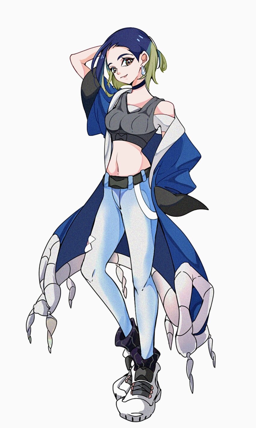 1girl, adaman_(pokemon), adaman_(pokemon)_(cosplay), arm_behind_head, belt, black_choker, blue_coat, blue_hair