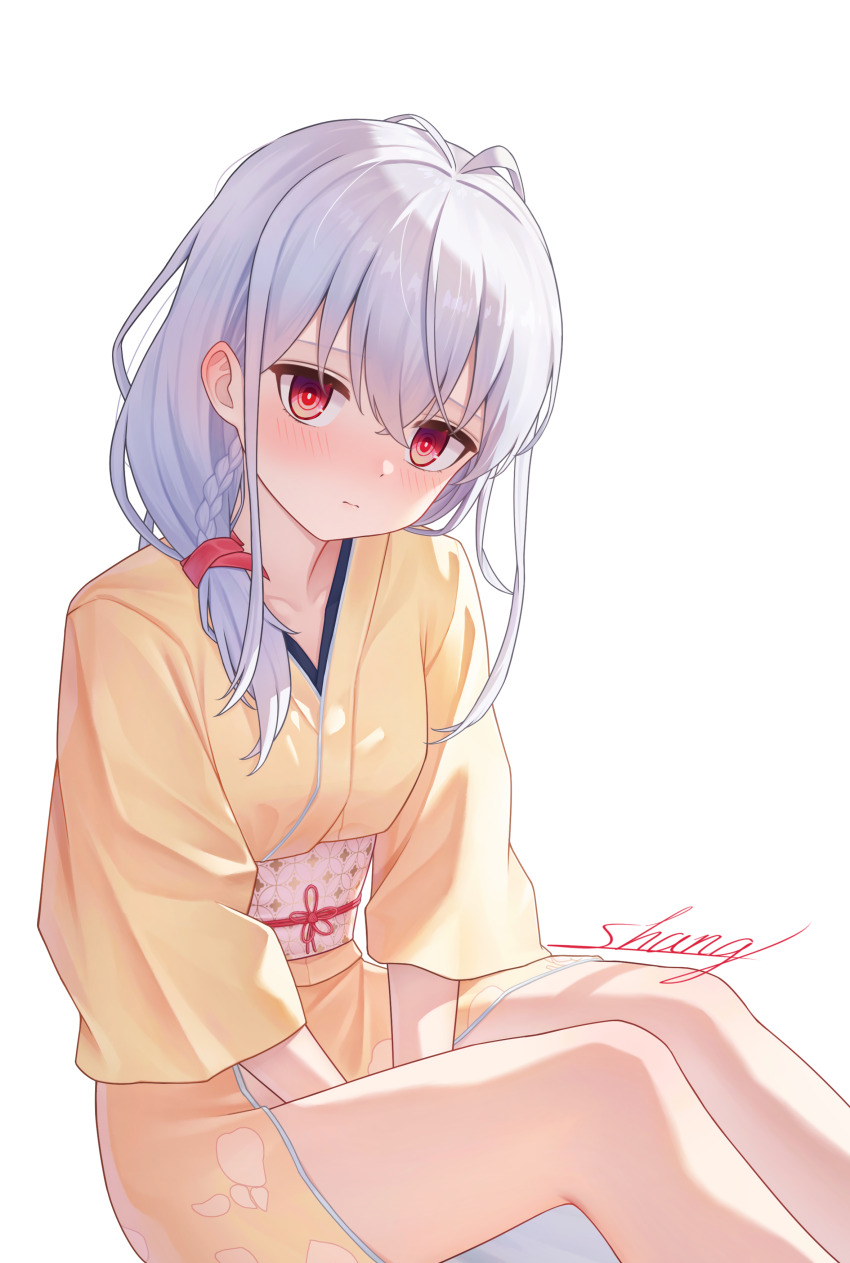 1girl, absurdres, antenna_hair, artist_name, between_legs, blush, braid, bright_pupils
