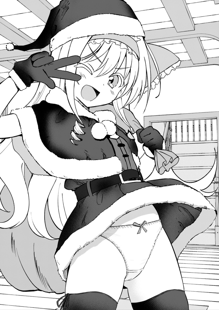 1girl, :d, alice_(makai_gacha), arm_up, belt, blush, capelet, christmas