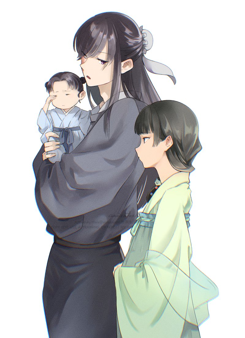 1boy, 1girl, 1other, anisatoshii, baby, beads, black_shirt, blue_robe