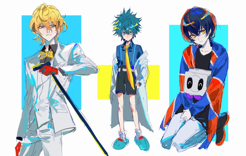 1girl, 2boys, ^_^, absurdres, arale_(shuten_order), binxngchng1, black_hair, black_shirt, black_shorts, blonde_hair, blue_eyes, blue_hair, bow, bowtie, cane, chinese_commentary, closed_eyes, coat, coat_partially_removed, collarbone, commentary_request, gavel, gloves, hair_between_eyes, highres, holding, holding_cane, jacket, kishiru_inugami, long_sleeves, looking_at_viewer, multiple_boys, open_clothes, open_jacket, overall_shorts, overalls, pants, red_gloves, rei_shimobe, seiza, shirt, short_hair, shorts, shuten_order, sitting, smile, spiked_hair, teko_ion, vest, white_coat, white_jacket, white_pants, white_vest, yellow_bow, yellow_bowtie, yellow_eyes