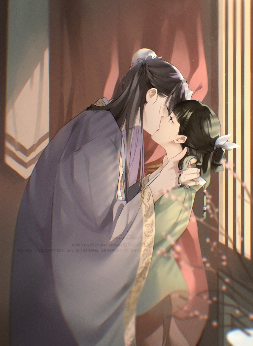 1boy, 1girl, anisatoshii, beads, blunt_bangs, blurry, blurry_foreground, braid, bun_cover, chinese_clothes, closed_eyes, couple, curtains, flower, green_hair, green_shirt, hair_beads, hair_bun, hair_ornament, hair_ribbon, half-closed_eyes, half_updo, hand_in_another's_hair, hands_on_another's_shoulders, hetero, highres, jinshi_(kusuriya_no_hitorigoto), kiss, kusuriya_no_hitorigoto, long_hair, maomao_(kusuriya_no_hitorigoto), pink_flower, purple_hair, purple_robe, ribbon, robe, shirt, side_braid, sidelocks, upper_body, white_ribbon, wide_sleeves