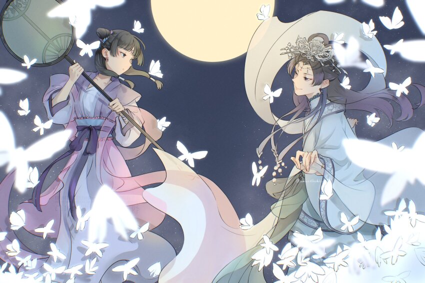 1boy, 1girl, anisatoshii, blunt_bangs, bug, butterfly, chinese_clothes, feet_out_of_frame