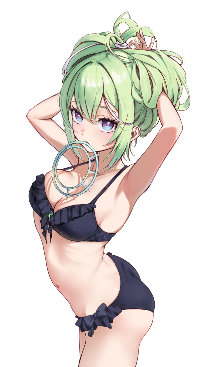 1girl, arched_back, armpits, ass, bikini, black_bikini, black_bow, bow