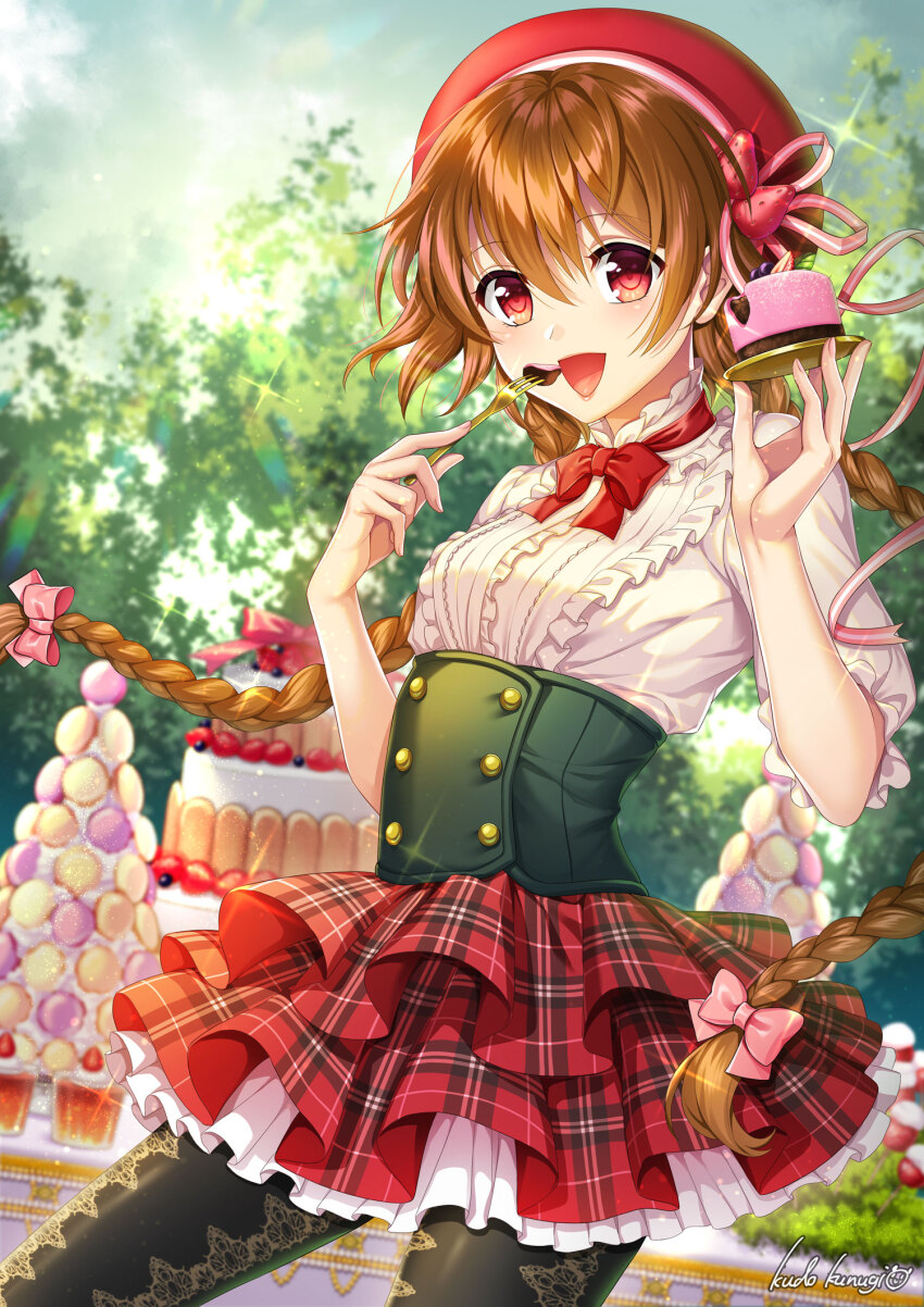 1girl, :d, artist_name, beret, black_corset, black_pantyhose, blurry, blurry_background