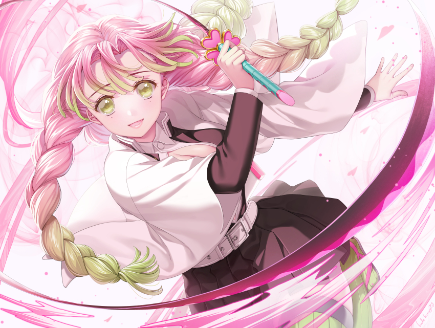 1girl, :d, belt, belt_buckle, black_jacket, black_sandals, black_skirt, braid