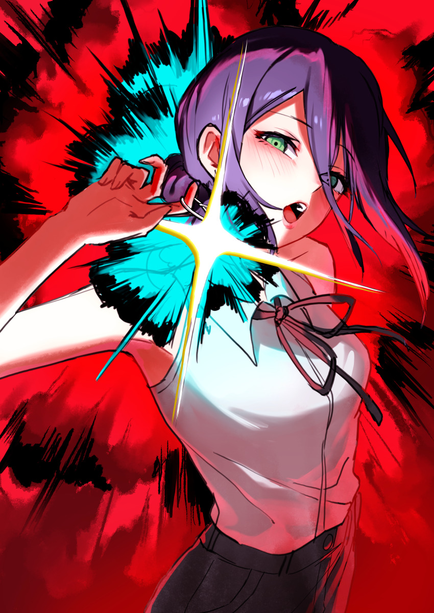 1girl, absurdres, axokim, black_ribbon, chainsaw_man, green_eyes, grenade_pin, hair_between_eyes