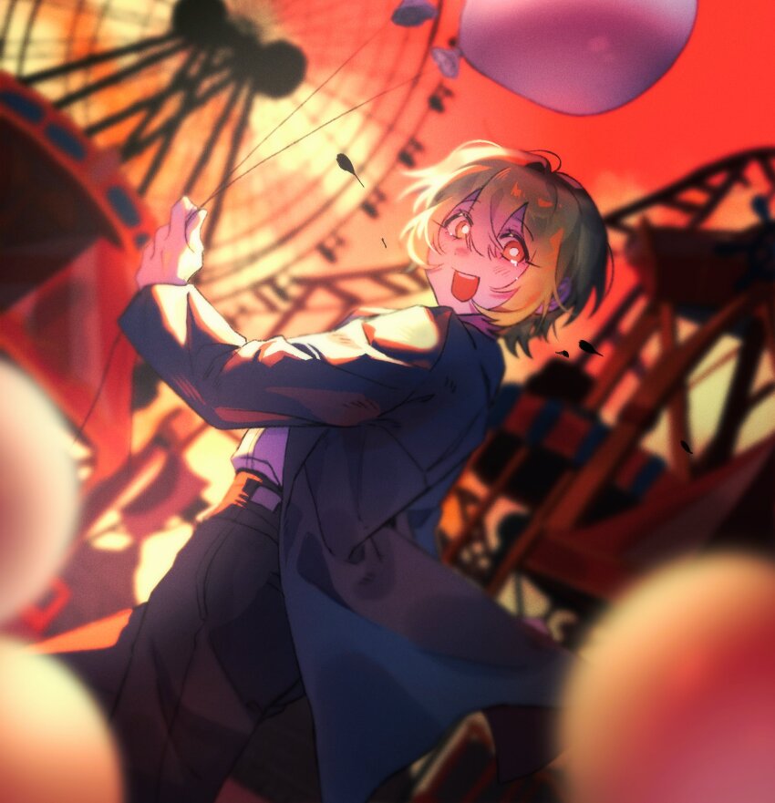 1girl, :d, balloon, black_coat, black_pants, blonde_hair, bright_pupils, coat, collared_shirt, don_quixote_(project_moon), ferris_wheel, highres, holding, holding_balloon, ideal_u_u, limbus_company, long_sleeves, looking_at_viewer, necktie, open_mouth, pants, project_moon, red_background, red_necktie, shirt, short_hair, simple_background, smile, solo, standing, upper_body, white_pupils, white_shirt, yellow_eyes