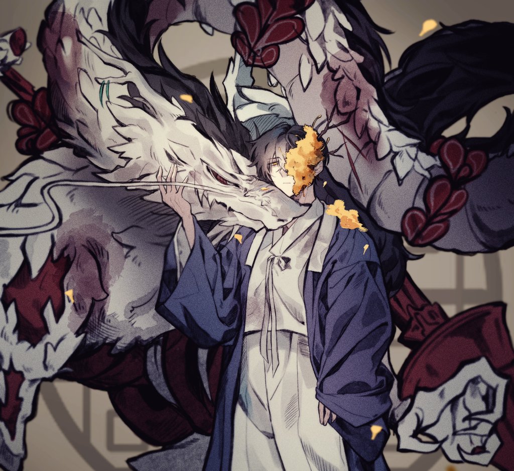 1boy, black_hair, blue_coat, claws, closed_mouth, coat, dragon, e.g.o_(project_moon)