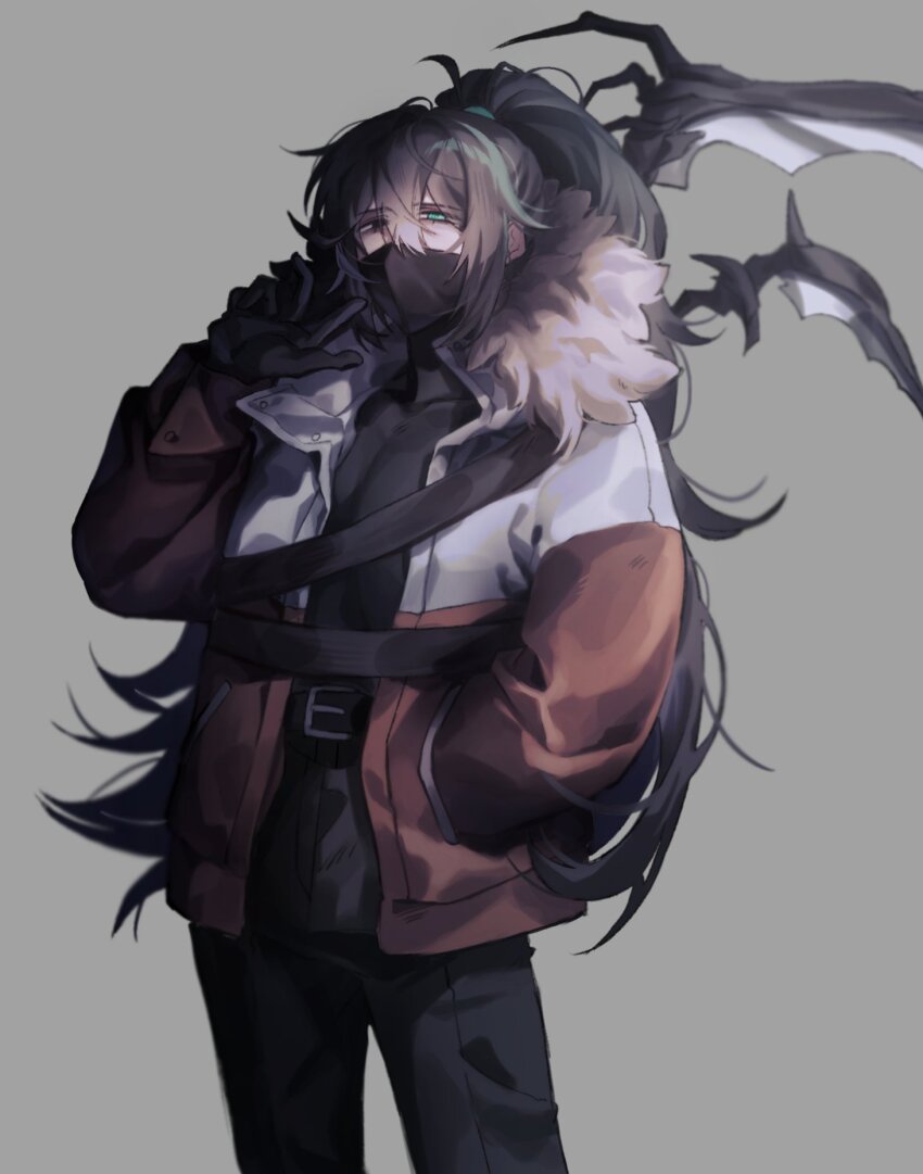 1boy, black_eyes, black_gloves, black_hair, black_pants, black_shirt, blue_eyes, fur-trimmed_jacket