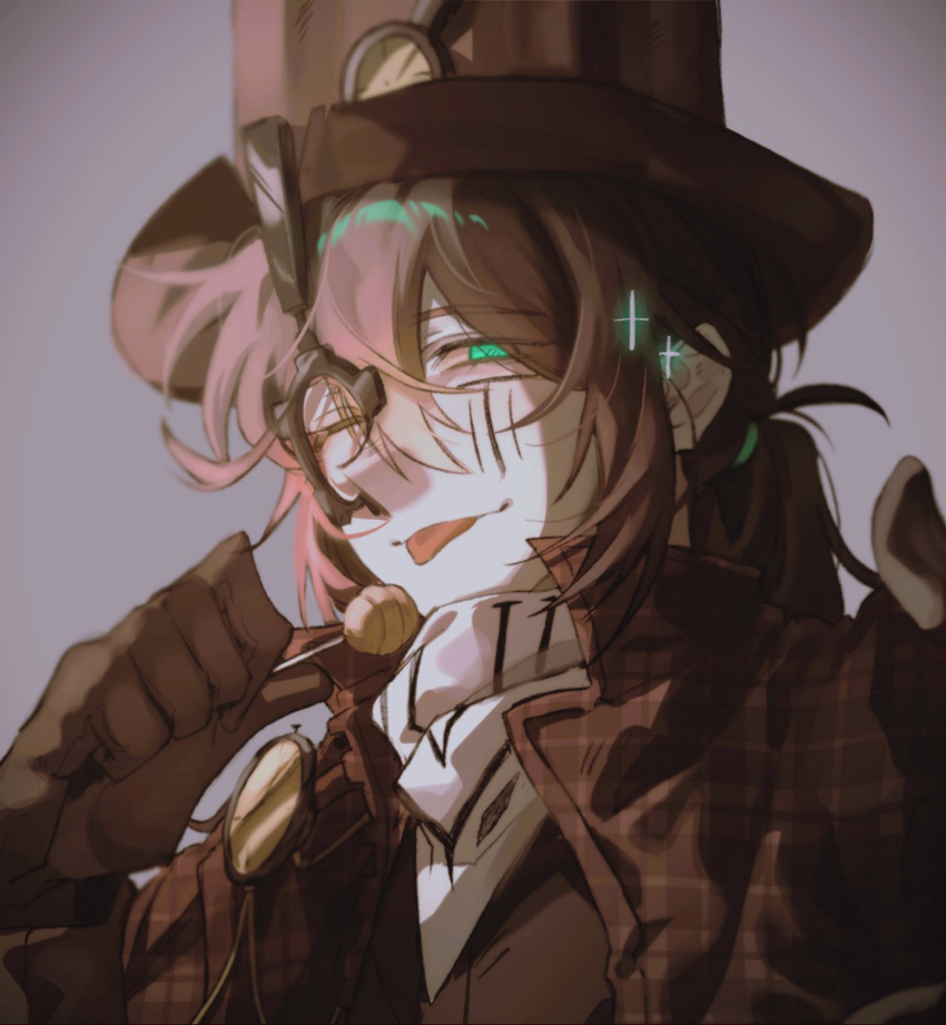 1boy, :p, bandana, black_gloves, black_hair, blue_eyes, brown_capelet, candy