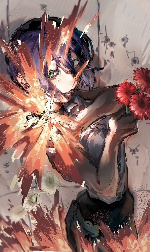 1girl, akebwanwan, black_choker, black_shorts, bullet_hole, chainsaw_man, choker, explosion