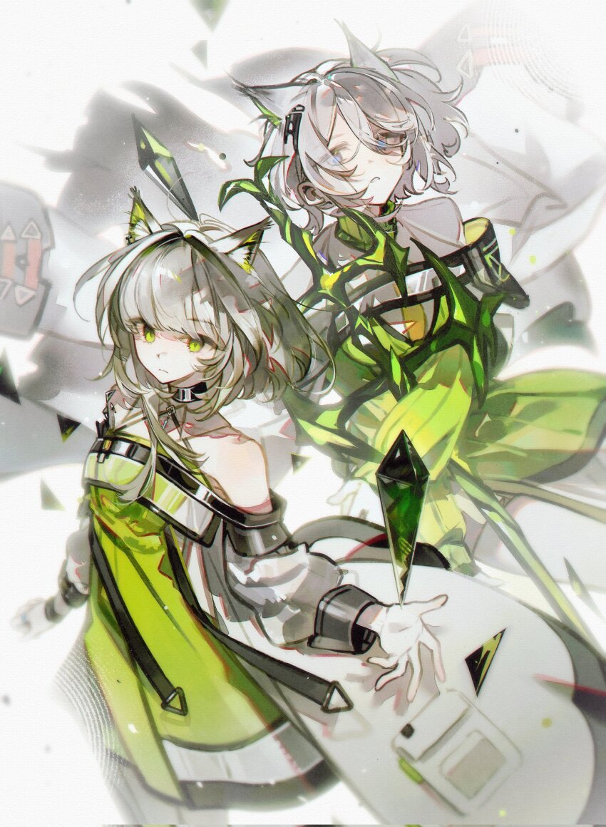 2girls, 66167e3d, animal_ears, arknights, bare_shoulders, blue_eyes, cat_ears, cat_girl