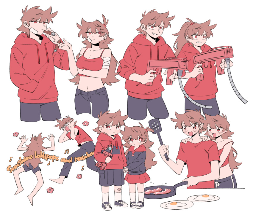 1boy, 1girl, :d, alternate_eye_color, arm_under_breasts, bacon, bandaged_arm, bandages