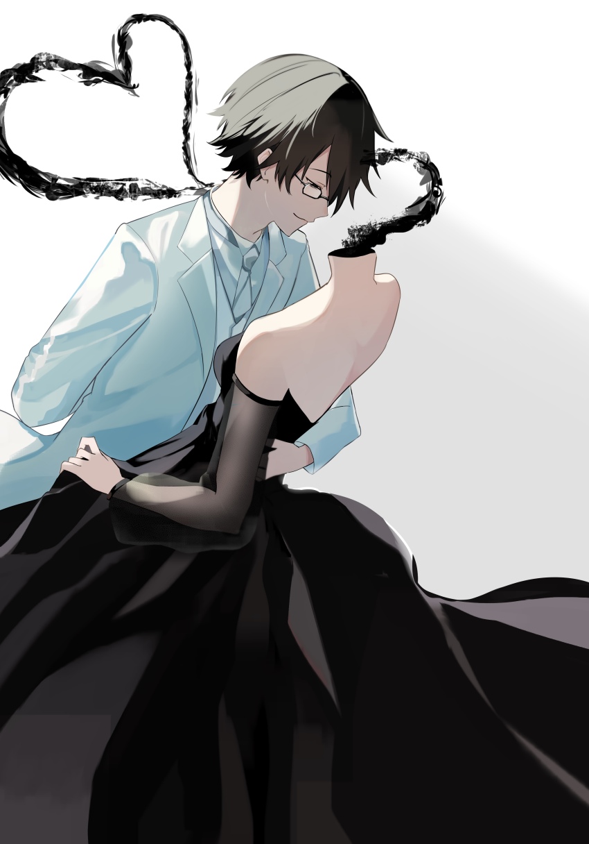 1boy, 1girl, absurdres, arm_around_another's_waist, arm_behind_back, backless_dress, backless_outfit, bare_shoulders, black_dress, breasts, brown_hair, celty_sturluson, closed_eyes, commentary, couple, darkness, dress, dullahan, durarara!!, formal_clothes, from_side, glasses, gradient_background, grey_background, headless, heart, hetero, highres, kishitani_shinra, nape, necktie, profile, short_hair, simple_background, smile, smoke, smoke_heart, suit, tsubasa_(tubasatokurumi), white_background, white_necktie, white_suit