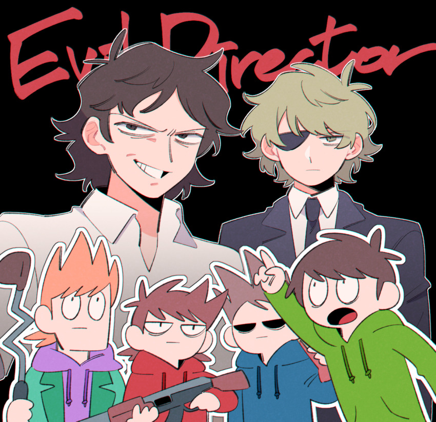 6+boys, :d, :|, antenna_hair, bags_under_eyes, black_background, black_eyes, black_jacket