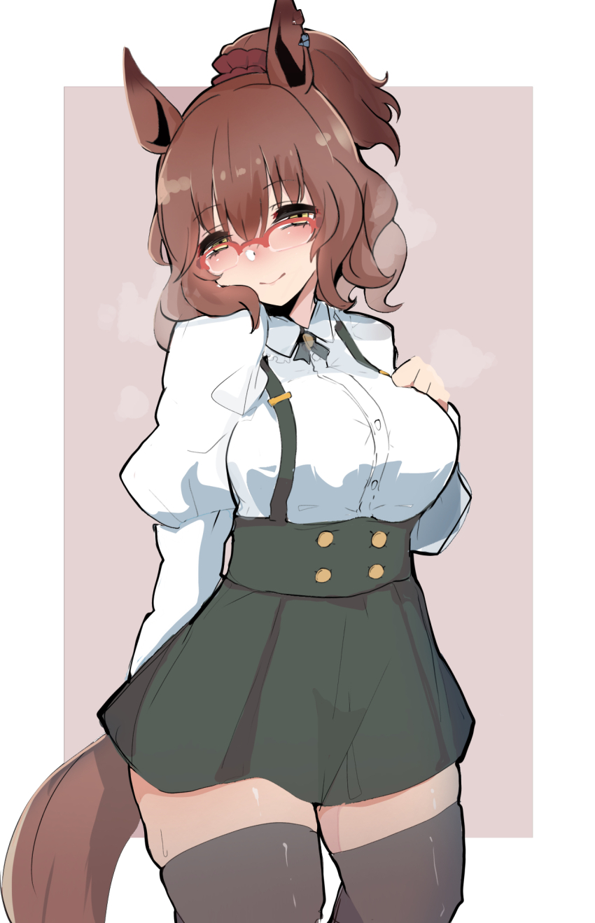 1girl, animal_ears, aston_machan_(casual)_(umamusume), aston_machan_(umamusume), blush, bow, breasts, brown_background