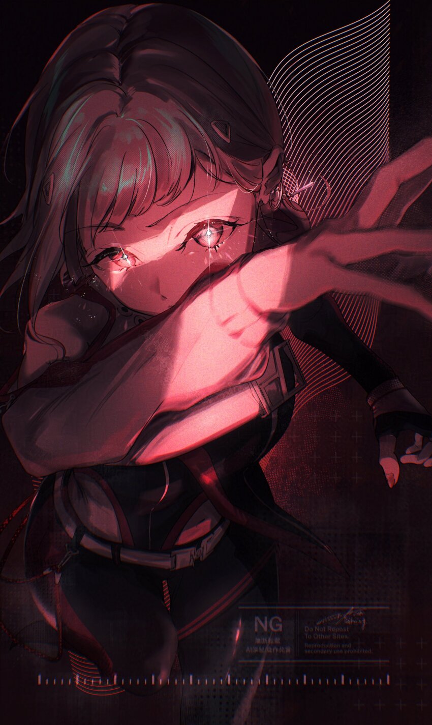 1girl, absurdres, alt_text, arm_up, black_background, black_pants, black_shirt, commentary