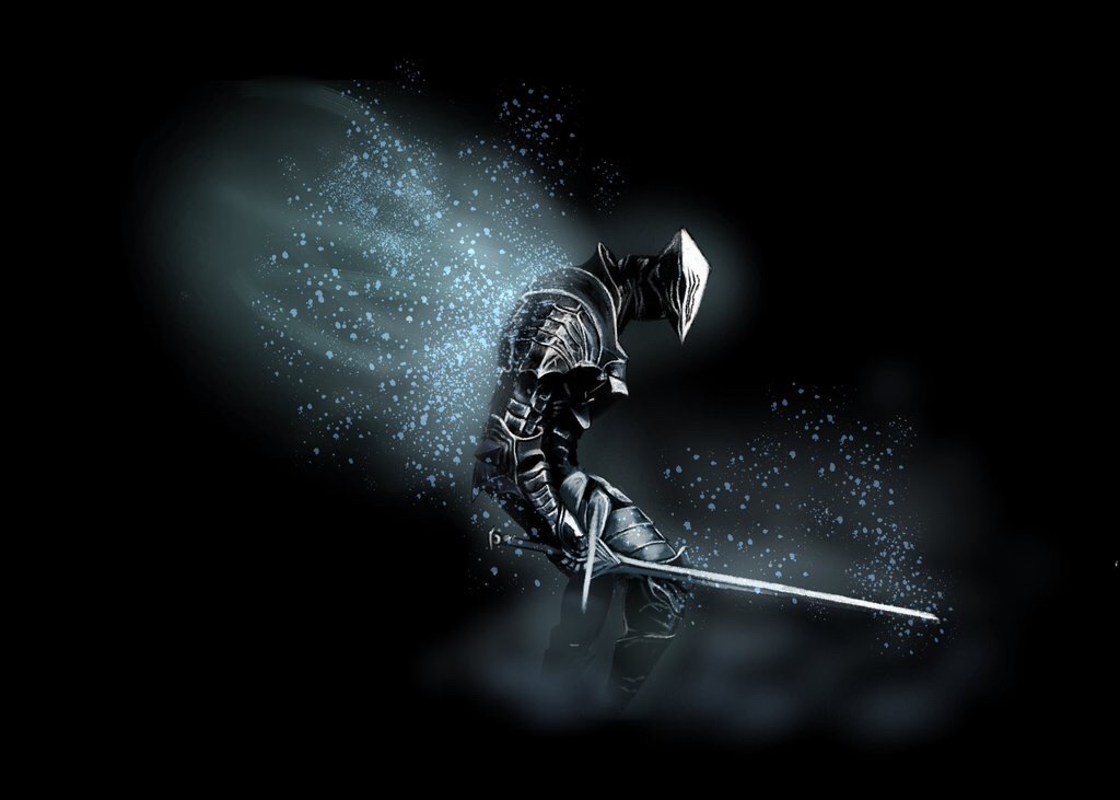 1boy, armor, armored_boots, black_background, boots, breastplate, commentary_request, dark_souls_(series), dark_souls_ii, full_body, gauntlets, helm, helmet, holding, holding_sword, holding_weapon, knight, loyce_knight, male_focus, pauldrons, profile, seru_hikari, shoulder_armor, simple_background, snow, solo, sword, weapon